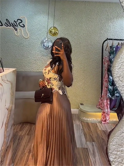 Elegant 2-Piece Set Women Irregular Hem Shirring Floral Fishbone Tank Tops+Pleated Long Skirts Evening Party Outfits