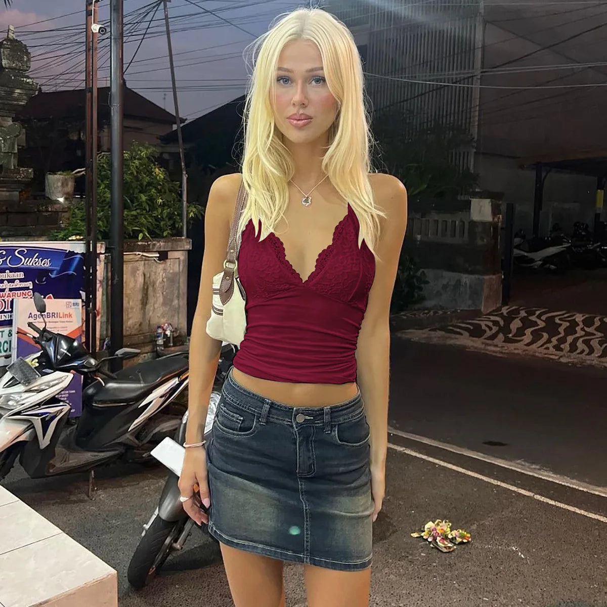 Lace Trim Deep V Halter Crop Tops White Sexy Tanks & Camis Fashion Clothes Going Out Top Women Club Wear