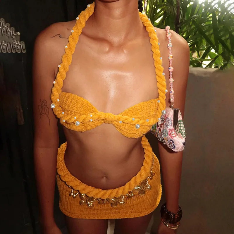 Pearls Twist Knitted Summer Beach 2 Piece Set Chic Women Strapless Halter Lace Backless Crop Tops + Bodycon Mini Skirts