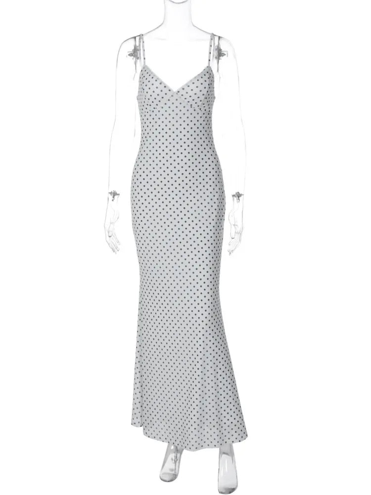 Polka Dot Spaghetti Strap Sexy Maxi Dress Women Gown Elegant White V Neck Sleeveless Backless Bodycon Club Long Dress