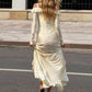 Slash Neck Ruffled Patchwork Satin Dress Women Sexy Hollow Irregular Hem Full Sleeve Elegant Chic Party Club Long Bodycon