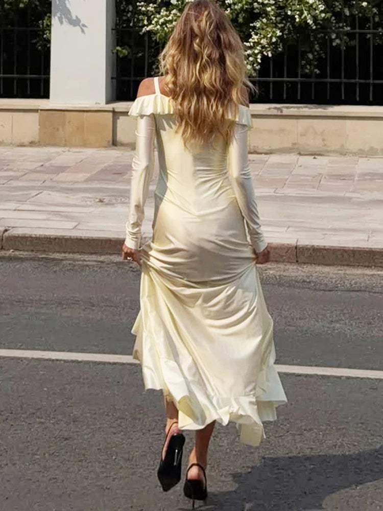 Slash Neck Ruffled Patchwork Satin Dress Women Sexy Hollow Irregular Hem Full Sleeve Elegant Chic Party Club Long Bodycon