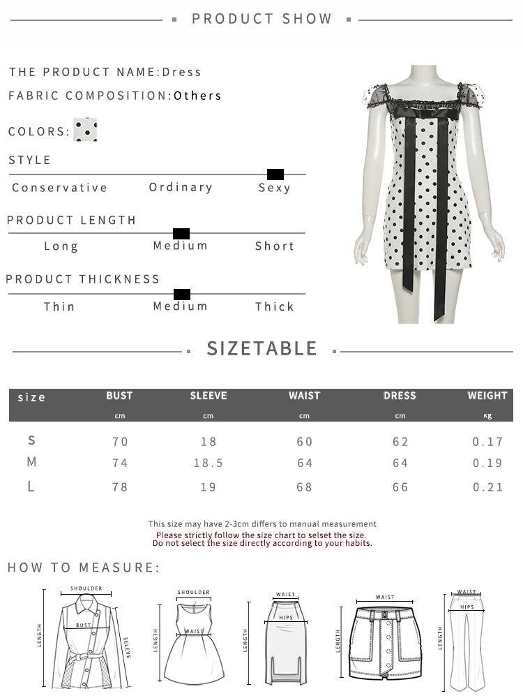 Bow Tassels Dress Women Polka Dot Print Patchwork Mesh Puff Sleeves Skinny Sexy Midnight Street Low-Neck Mini Bodycon