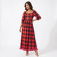 Women Christmas Holiday Tartan Plaid Long Dress Square Neck 3/4 Puff Sleeve Smocked Back Ruffle Hem Flowy Midi Dress