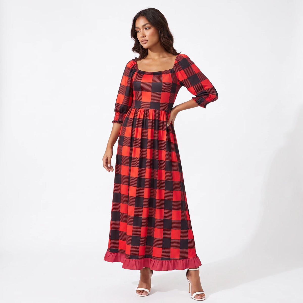 Women Christmas Holiday Tartan Plaid Long Dress Square Neck 3/4 Puff Sleeve Smocked Back Ruffle Hem Flowy Midi Dress