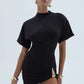 Short Sleeve Ruched Sexy Mini Dress Women Elegant Black Metal Buckle Half High Neck High Waist Bodycon Club Dress