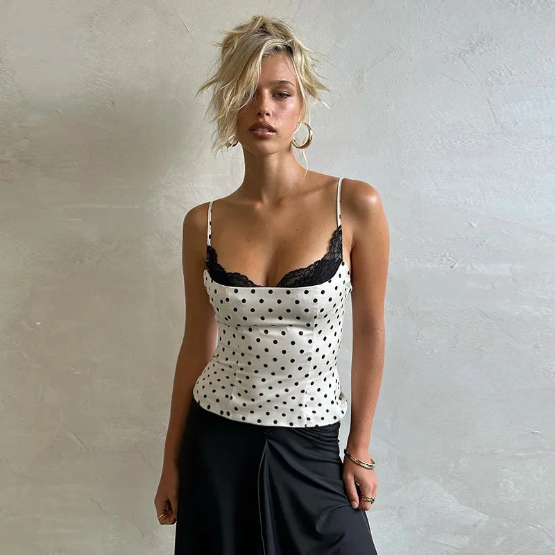 White Polka Dot Corset Top with Black Lace Trim 2026 Summer Clothes for Women Sexy Tanks Camis