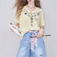 Cute Cartoon Doodle Print Striped T-Shirt, Crew Neck Oversized Casual Tee, Sweet Loose Top for Women