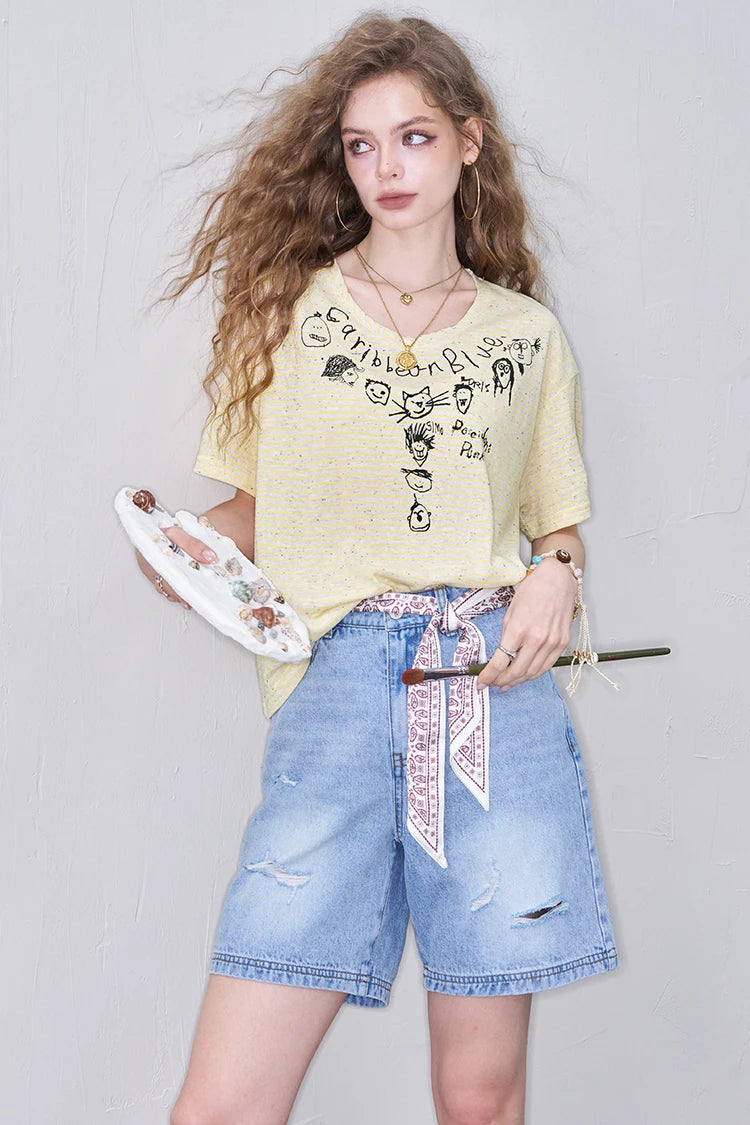 Cute Cartoon Doodle Print Striped T-Shirt, Crew Neck Oversized Casual Tee, Sweet Loose Top for Women