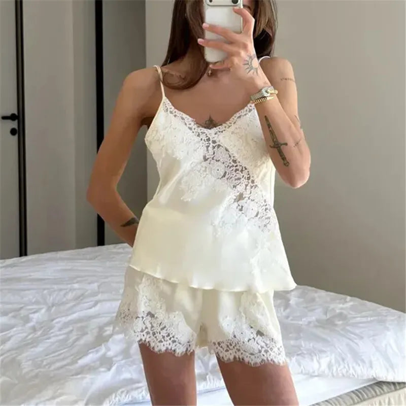Satin Lace Patchwork Pajama Set For Women V Neck Thin Strap Sleeveless Top Elastic Short Pants Sweet Home Loungewear