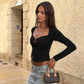 Long Sleeve Top Sweetheart Neck Front Cutout Burgundy Black Fall T Shirts Woman Clothing