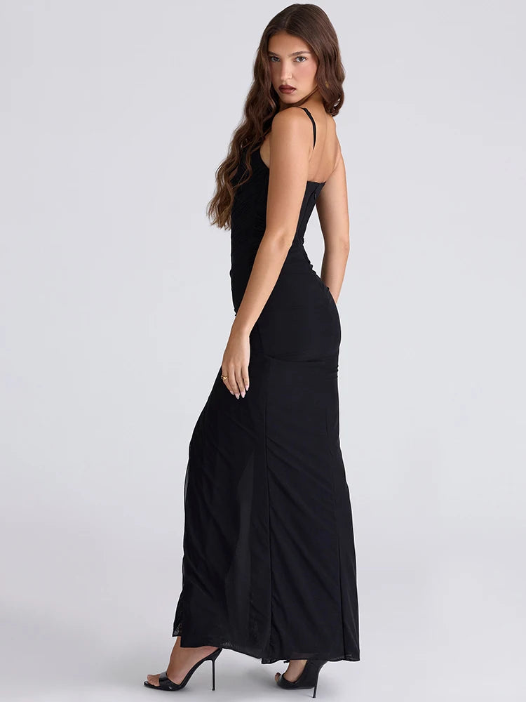 Spaghetti Strap Backless Sexy Maxi Dress Women Gown Fashion Black Off-shoulder Sleeveless Split Club Party Long Dress