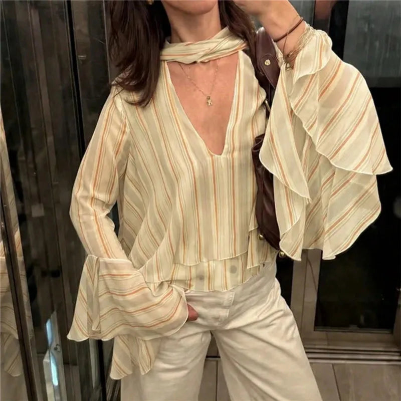 Women Striped Sheer Chiffon Blouse V Neck Neck Tie Ruffle Flare Long Sleeve Loose Cropped Casual Streetwear Office Tops