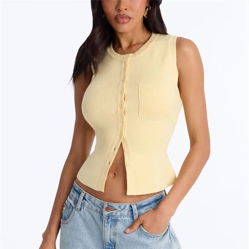 Women Slim Waist Ribbed Knit Vest Sleeveless Crew Neck Single Breasted Pocket Crop Cardigan Solid Color Y2K Streetwear