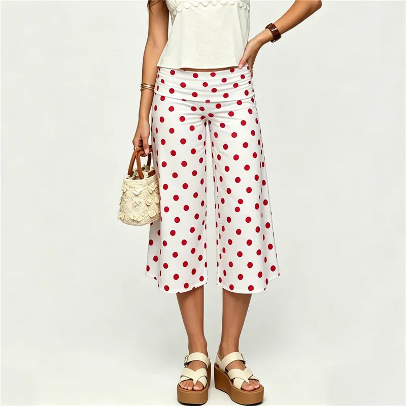 Fold Over High Waist Polka Dot Wide Leg Culottes Women Casual Loose Cropped Pants Elastic Waist Summer Beach Trousers