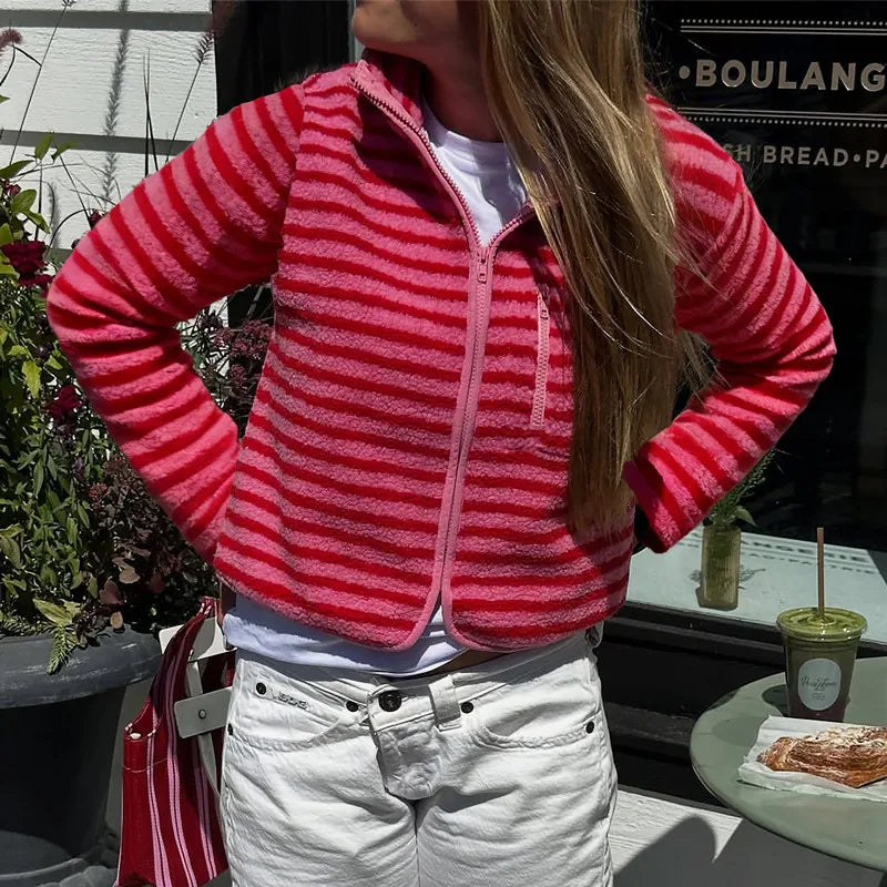 Winter Warm Fleece Jacket Y2K Stylish Striped Zip Up Stand Collar Lapel Neck Long Sleeve Coat Casual Outerwear