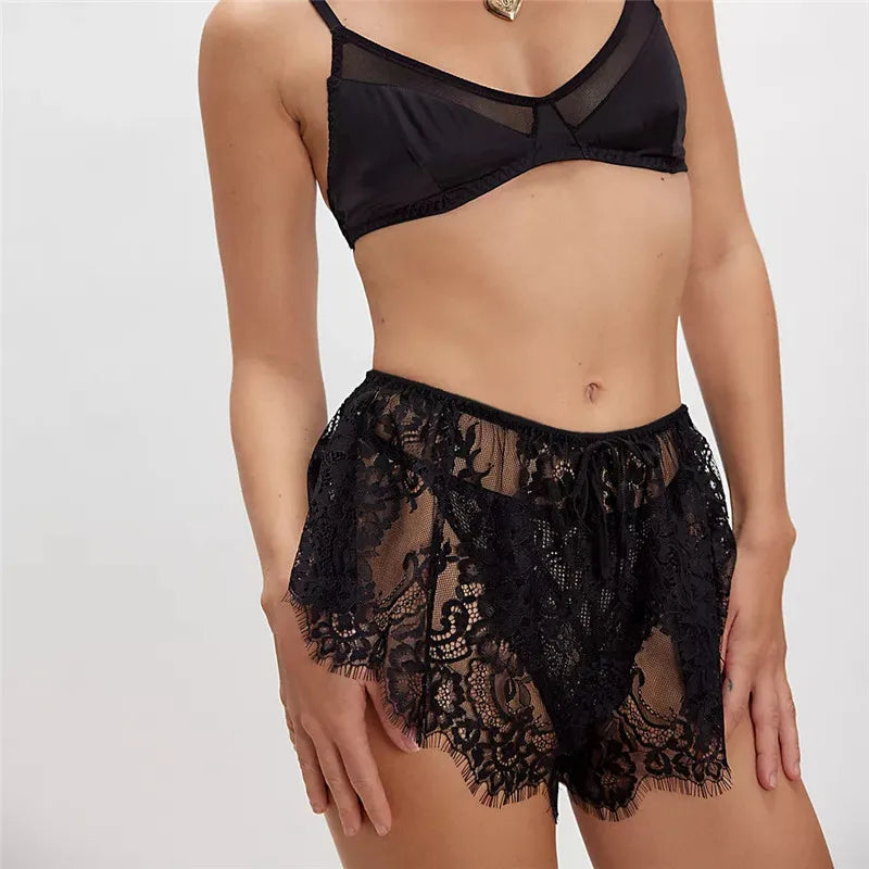 Women’s Solid Color Lace See Through Shorts Casual Elastic Waist Wide Leg Lingerie Shorts Summer Lounge Bottoms
