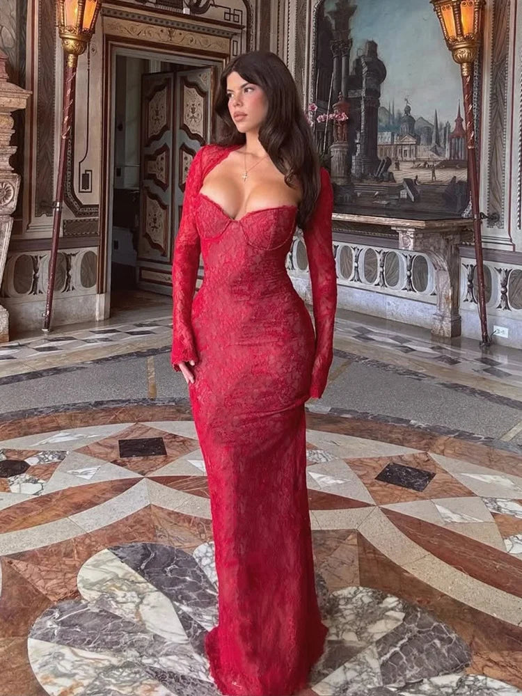 Strapless Split Fishtail Maxi Dress with Long Sleeve Shawl See Through Lace Black Red Party Dresses