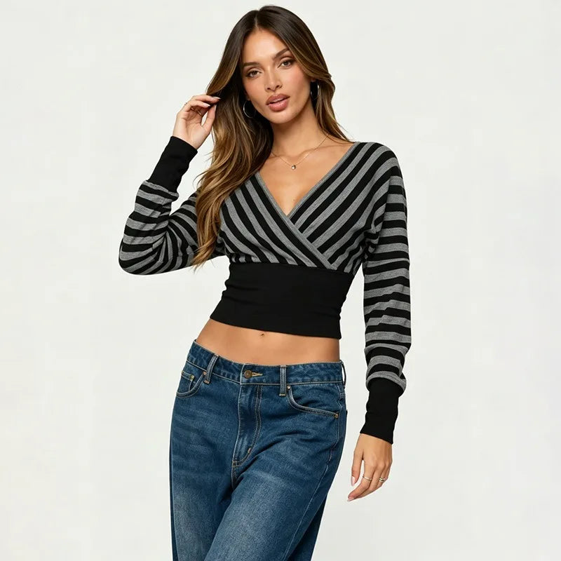 Striped Wrap V Neck Long Sleeve Crop Top Fashion 2026 Fall Clothes Casual T Shirt for Woman
