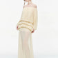 Draped Maxi Dress Women See Through Hem Off-Shoulder Long Lantern Sleeve Elegant Vacation Wedding Party Vestidos