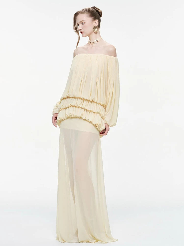 Draped Maxi Dress Women See Through Hem Off-Shoulder Long Lantern Sleeve Elegant Vacation Wedding Party Vestidos
