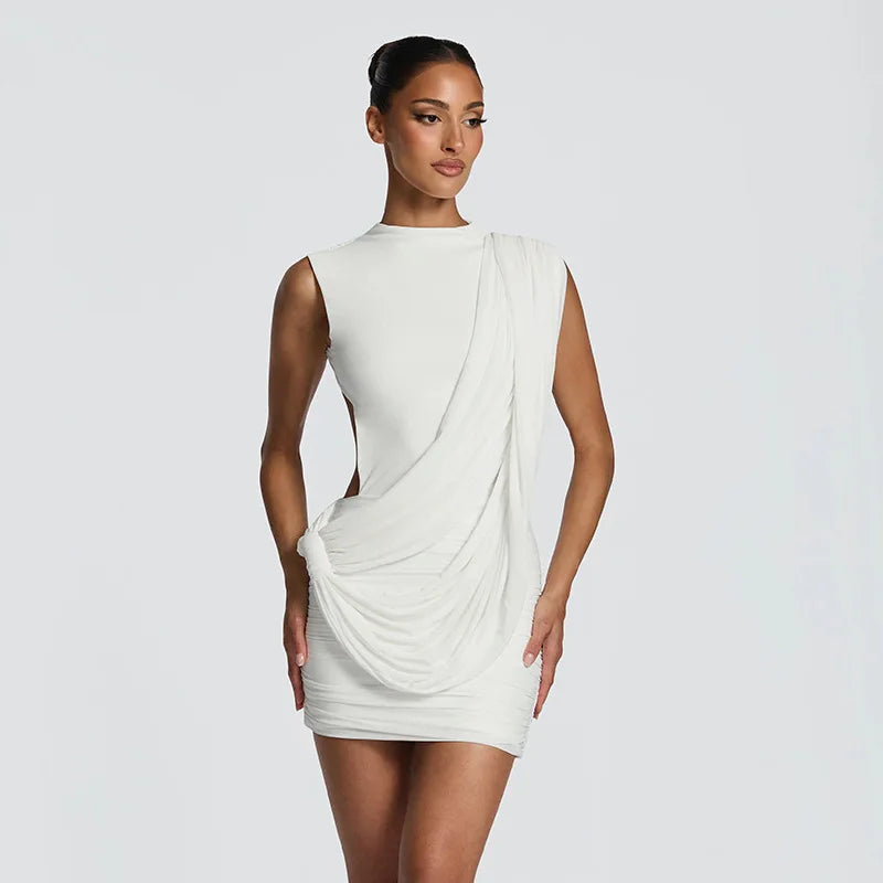 Asymmetric Ruched Mesh Sleeveless Backless Mini Dresses 2026 Woman Party Dress Brown White