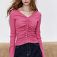 Women's V Neck Long Sleeve Tee with Ruched Front, Black Button Crop Top, Slim Casual Fall Top