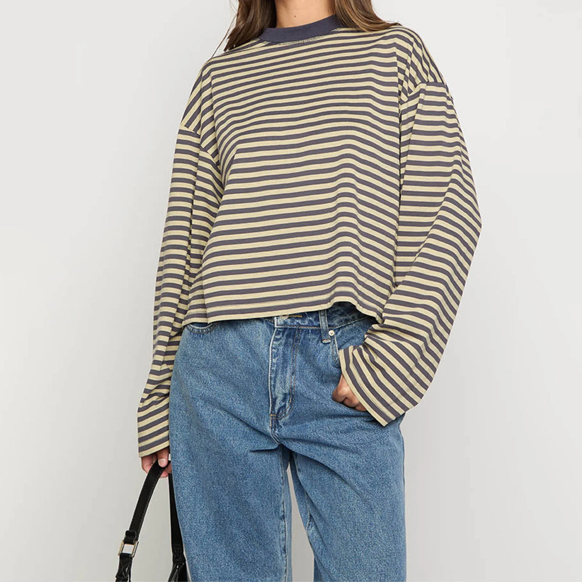 Round Neck Print Striped Pullover Women T-shirt Long Sleeve Casual Y2k T-shirt Femme Autumn Loose Elegant Streetwear