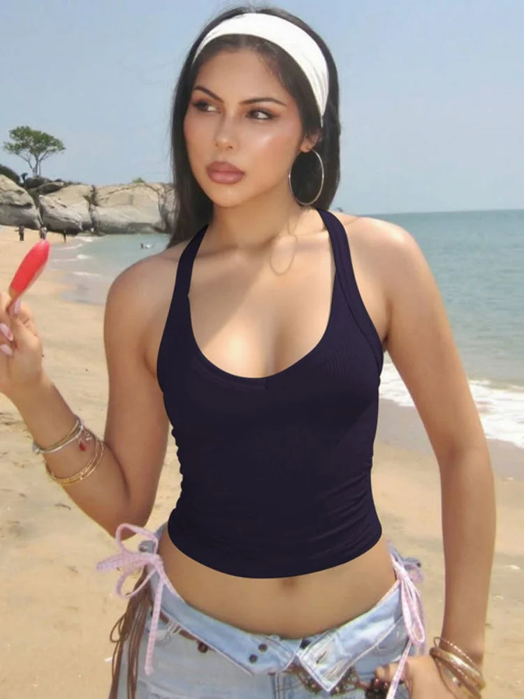 Solid Color Ribbed Knitted Tanks & Camis Low Cut Backless Halter Tops for Woman Basic Summer Crop Top