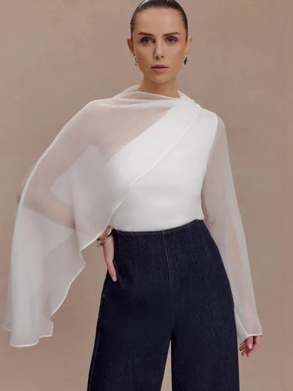 Chiffon Sheer White Sexy Shirt Women Elegant Summer Long Sleeve Cape Sleeve Backless T-shirt Female Fashion Tees