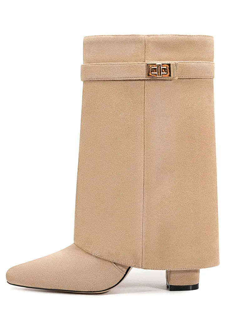 Autumn and Winter New Pointed Metal Buckle Knee High Women's Boots, Thick High-heeled Pants Boots, Fashionable Mid Leg Boots