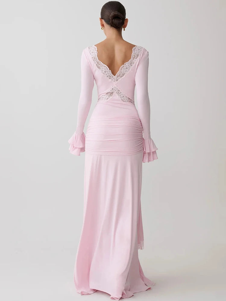Women V‑Neck Lace Patchwork Sexy Maxi Dress Long Flare Sleeve Bodycon Mermaid Evening Dress  Party Wedding Guest Dress
