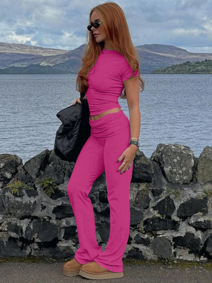 Comfy Ribbed Two Piece Set Short Sleeve Crop Top and Pants Casual Summer Outfits for Women Clothes