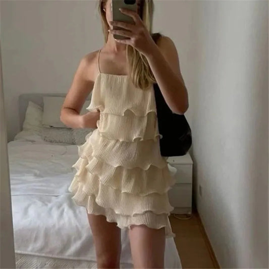 Women Summer Sleeveless Spaghetti Strap Dress Solid Color Chiffon Tiered Ruffled Mini Party Dress Vacation Streetwear