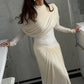 Asymmetrical Long Sleeve Pleated Maxi Dress Elegant Party Evening Dresses Winter Clothes Woman