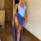 Color Blocking Dress Women Sexy Backless Halter Bodysuit Patchwork Irregular Hem Trend Beach Vacation Party Bodycon
