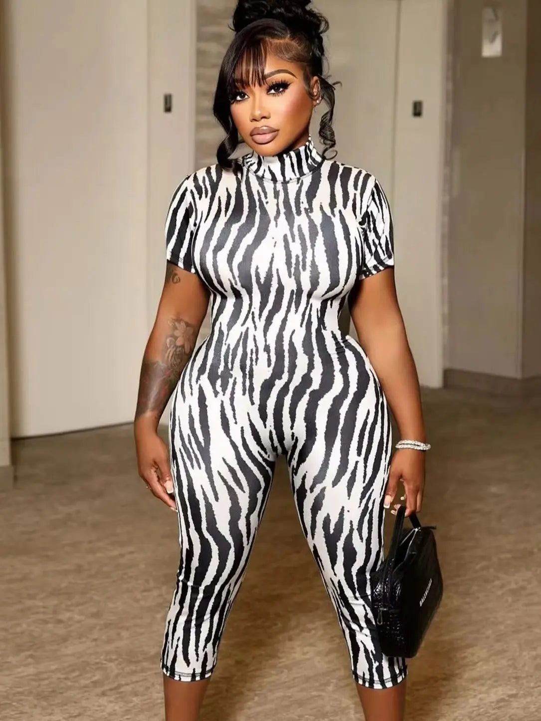 Backless Print Romper Women Sexy Fashion Turtleneck Short Sleeve Stretch Skinny Hottie Trend Midnight Street Clubwear
