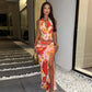 Flower Print Sexy 2 Piece Summer Sets High Split Long Skirt and Halter Top Coords Sets Woman Vacation Outfits