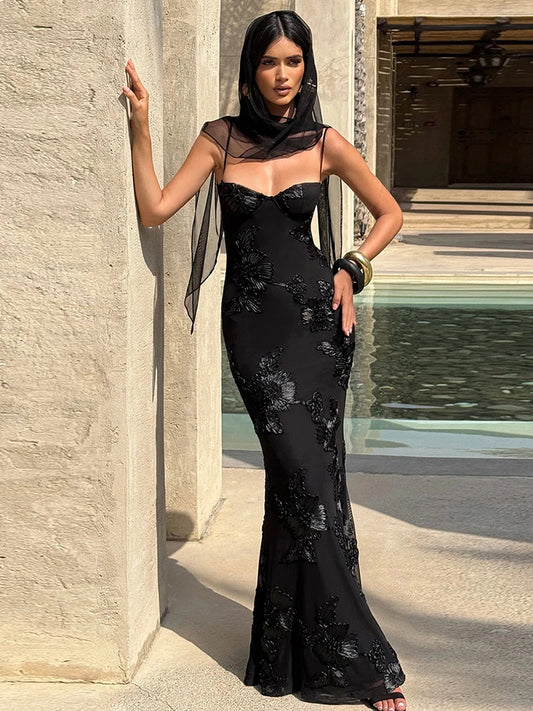 Flower Embroidery Maxi Dress Women Low-Neck Cross Bandage Backless Summer Street New Trend Skinny Elegant Vestidos