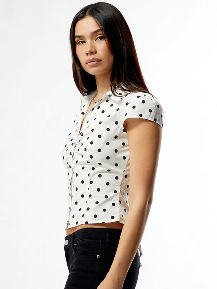 Polka Dot Short Sleeve Sexy Tops Women Cardigan Elegant Turn-down Collar Single-breasted Ruched Lace-up Club Party Top
