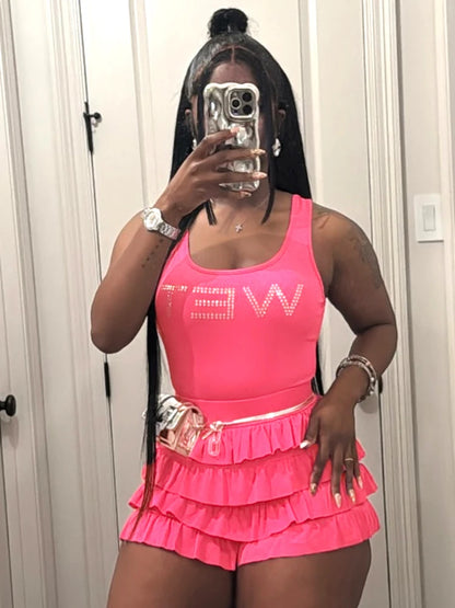 Sexy Fashion 2 Piece Set Women Rhinestones Letter Print Tank Tops+Ruched Tierred Shorts Hot Girls Hipster Streetwear