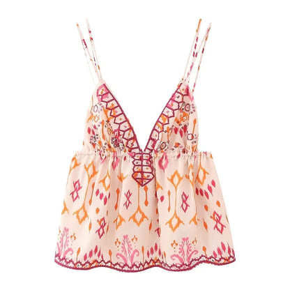 Boho Beach Floral Print Embroidery Camis for Women Tops Casual Deep V Neck Sleeveless Backless Tassel Strap Top Summer