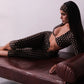 Sexy Fashion 3 Piece Set Woman Polka Dot Print Headscarf+Low-Neck Full Sleeve Tops+Metal Buckle Crop Pants Streetwear