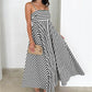 Striped Polka Dot Spaghetti Strap Maxi Dress for Women Square Neck Empire Waist Flowy A Line Dress with Shirred Back
