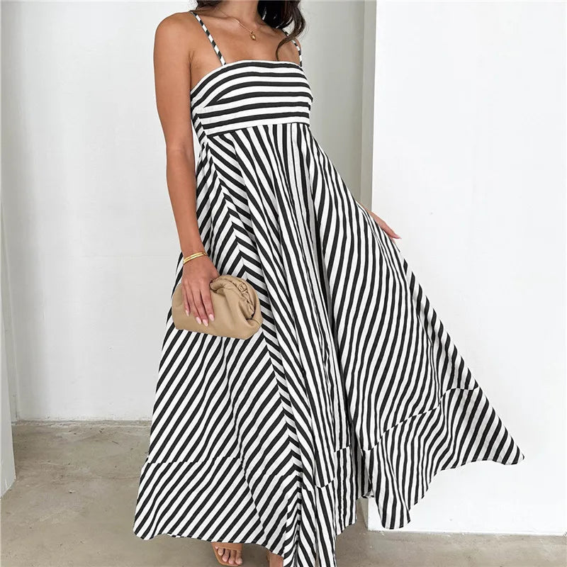 Striped Polka Dot Spaghetti Strap Maxi Dress for Women Square Neck Empire Waist Flowy A Line Dress with Shirred Back