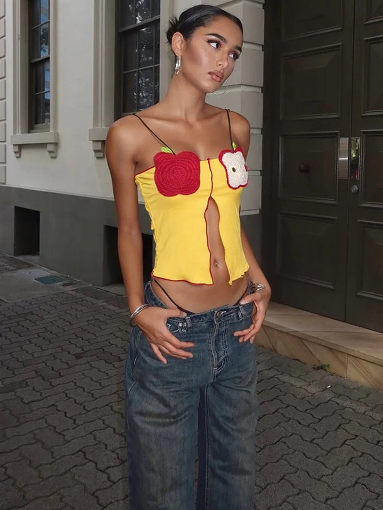 Cartoon Style Camisole Women Fashion Patchwork Backless Skinny Splits Hem 2025 New Trend Arrive Elegant Streetwear