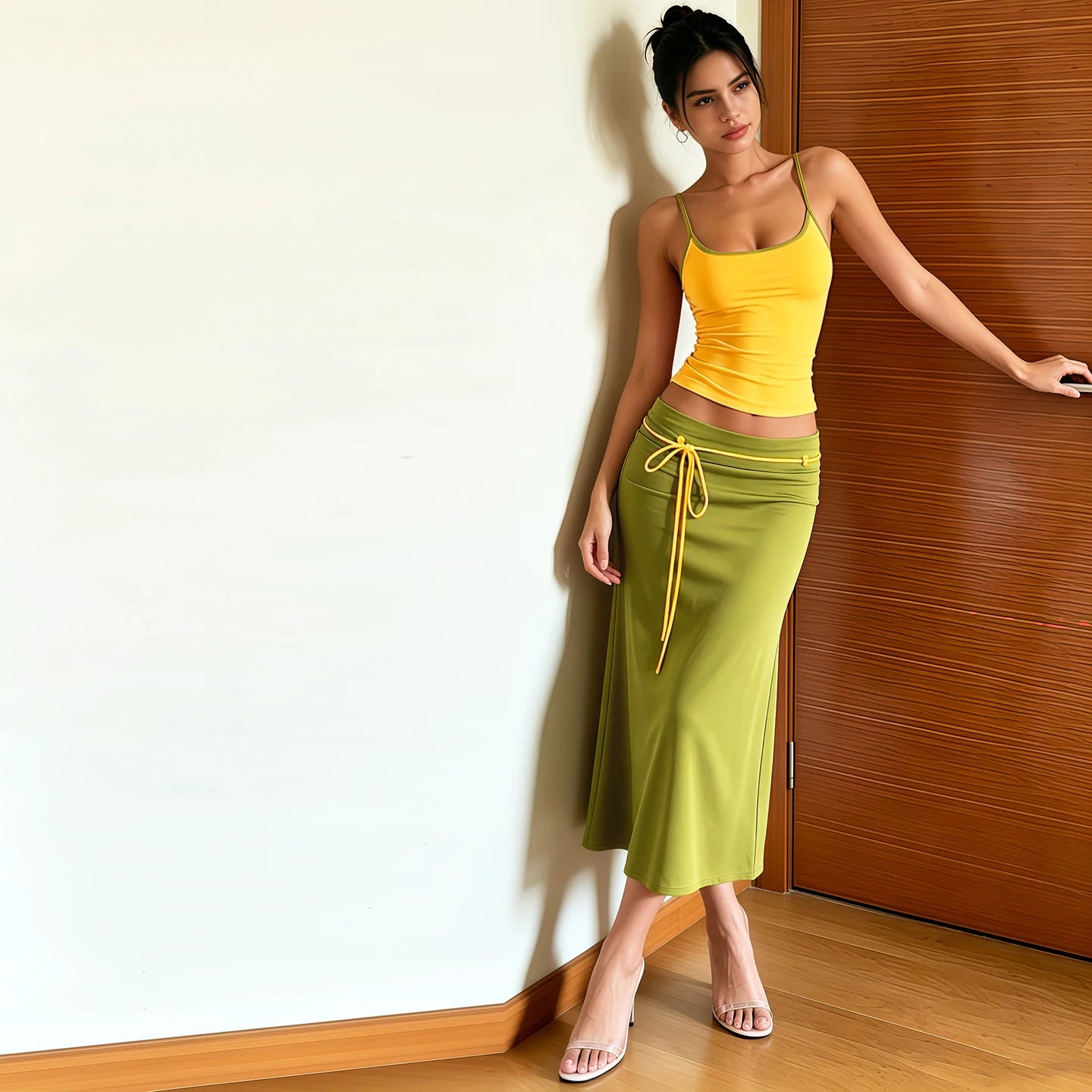 Ribbon Decoration Long Skirt+Low-Neck Backless Shape Waist Camisole 2 Piece Set Woman Summer Classic Elegant Style Suits