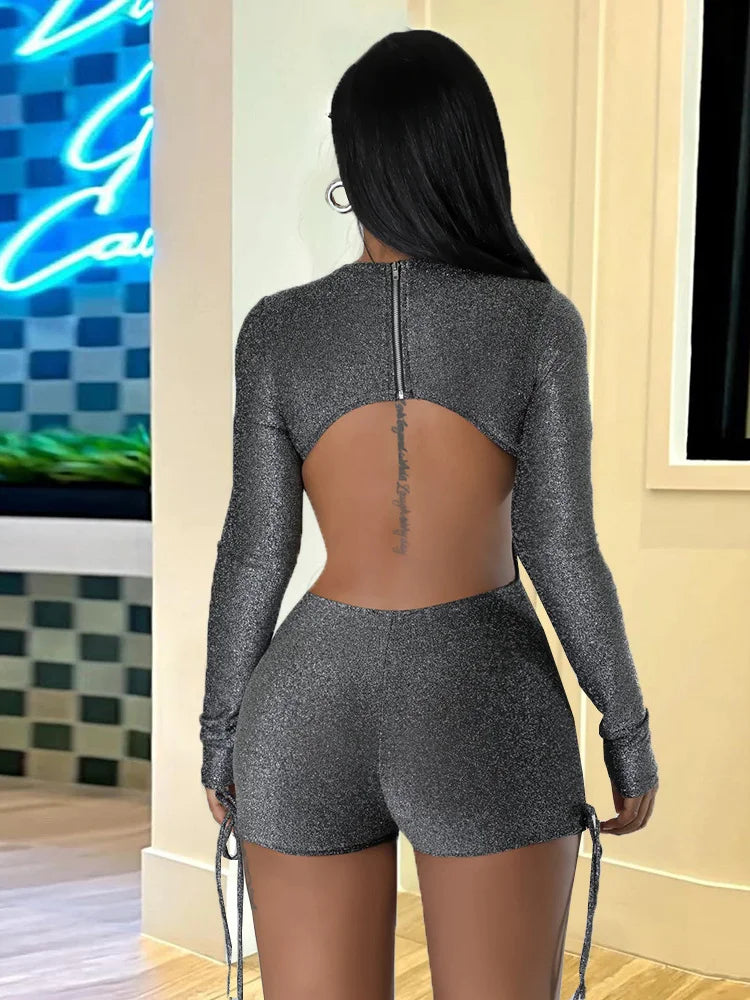 Bright Silk Sexy Hollow Playsuits Women Zip Patchwork o-Neck Backless Full Sleeve Shirring Skinny Peach Hip Romper