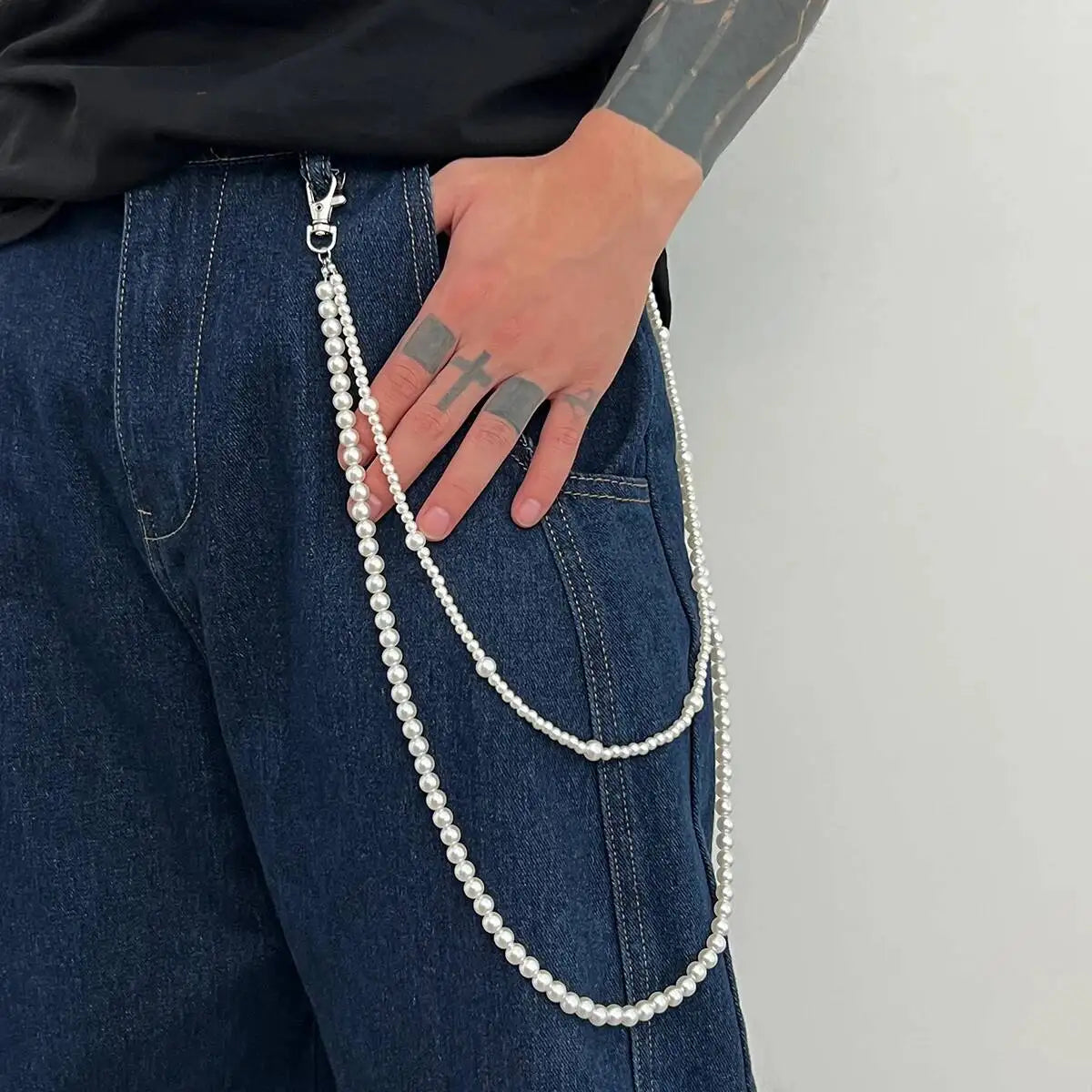 Exquisite Baroque Imitation Pearl Wallet Belt Chain Keychain Men Women Fashion HipHop Heart Pendant Jeans Chain Jewelry