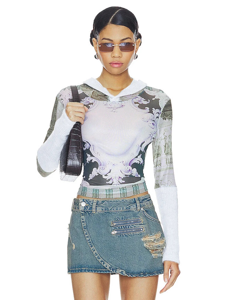 Velvet Hooded Crop Tops Women Trend Y2K Print Patchwork Long Sleeve Autumn Skinny Stretch Casual Streetwear Pullover